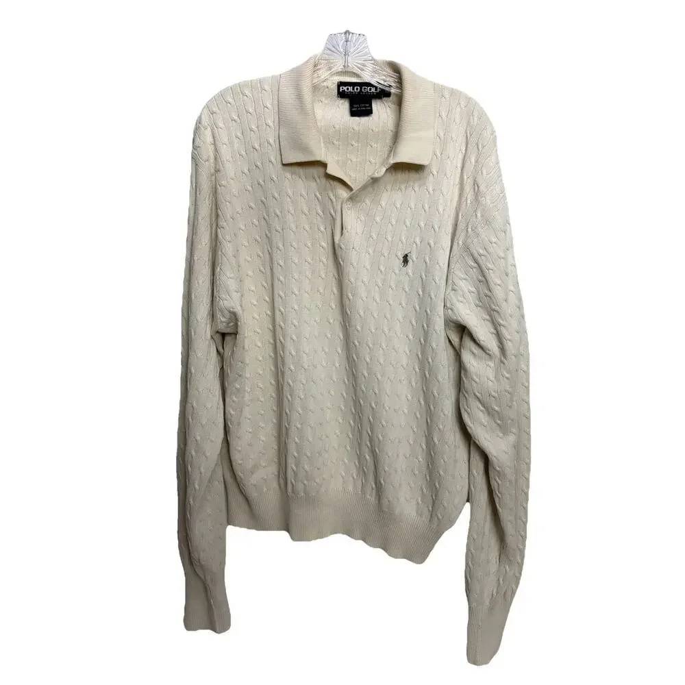 Vtg Polo Golf Ralph Lauren Men’s Cotton V Neck Cable Knit Sweater XL